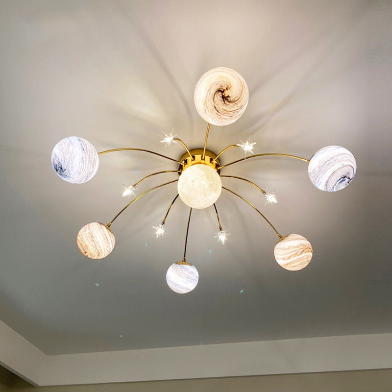 Contemporary Nordic Kids Iron Glass Ball Earth Planet 13-Light Semi-Flush Mount Ceiling Lamp-Orizon Depot