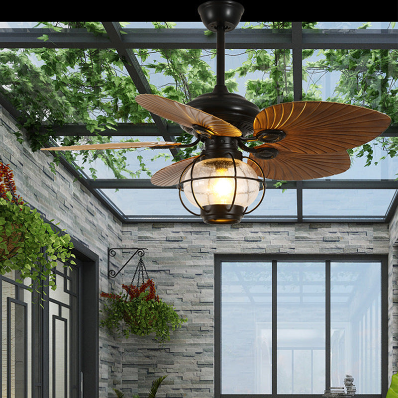 Traditional Rustic Lantern Banana Shaped Fan Leaf Iron Glass 1-Light Downrod Ceiling Fan Light