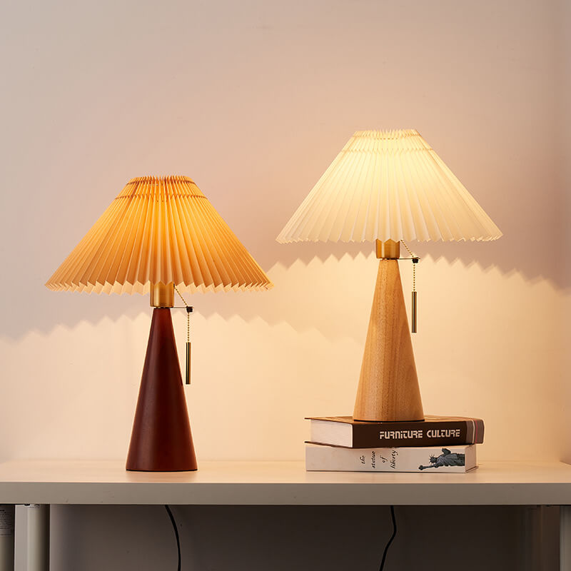 Japanese Minimalist Vintage Table Lamp Pleated Fabric and Wooden LED Light