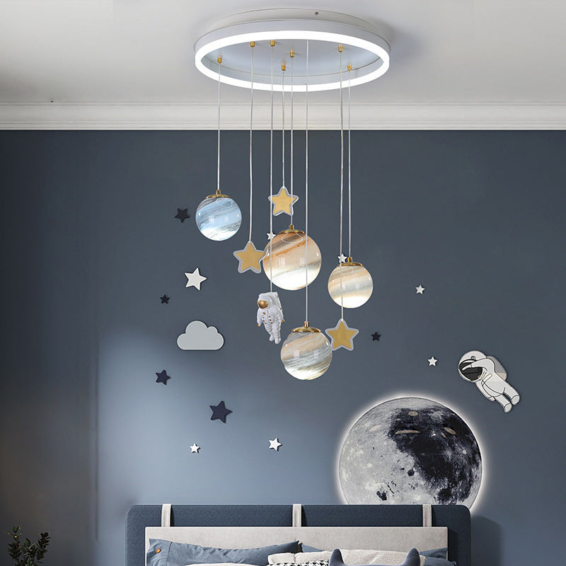 Contemporary Scandinavian Space Planet Acrylic Glass Round Shade LED Kids Flush Mount Ceiling Lamp-Orizon Depot
