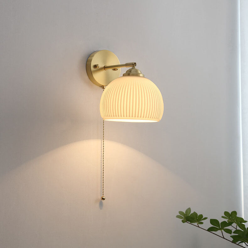 Nordic Style Milk White Striped Glass Brass 1-Light Pull Cord Wall Lamp