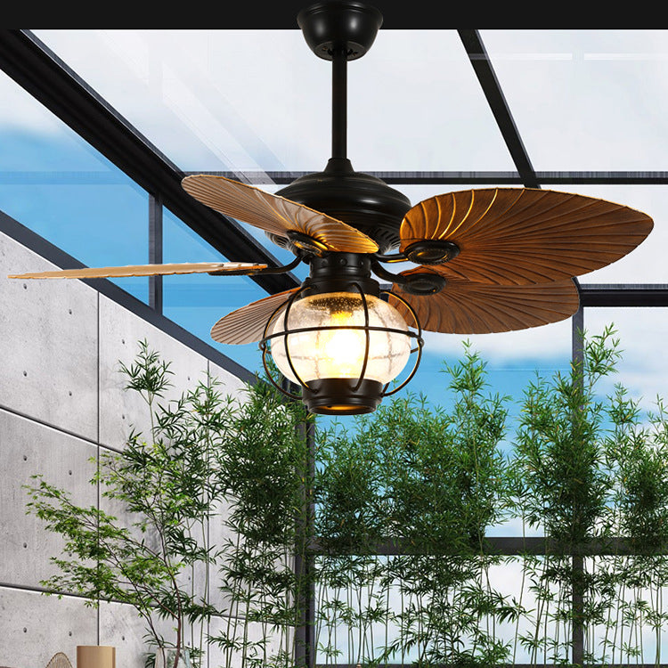 Traditional Rustic Lantern Banana Shaped Fan Leaf Iron Glass 1-Light Downrod Ceiling Fan Light