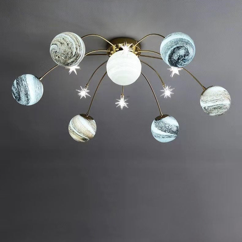 Contemporary Nordic Kids Iron Glass Ball Earth Planet 13-Light Semi-Flush Mount Ceiling Lamp-Orizon Depot