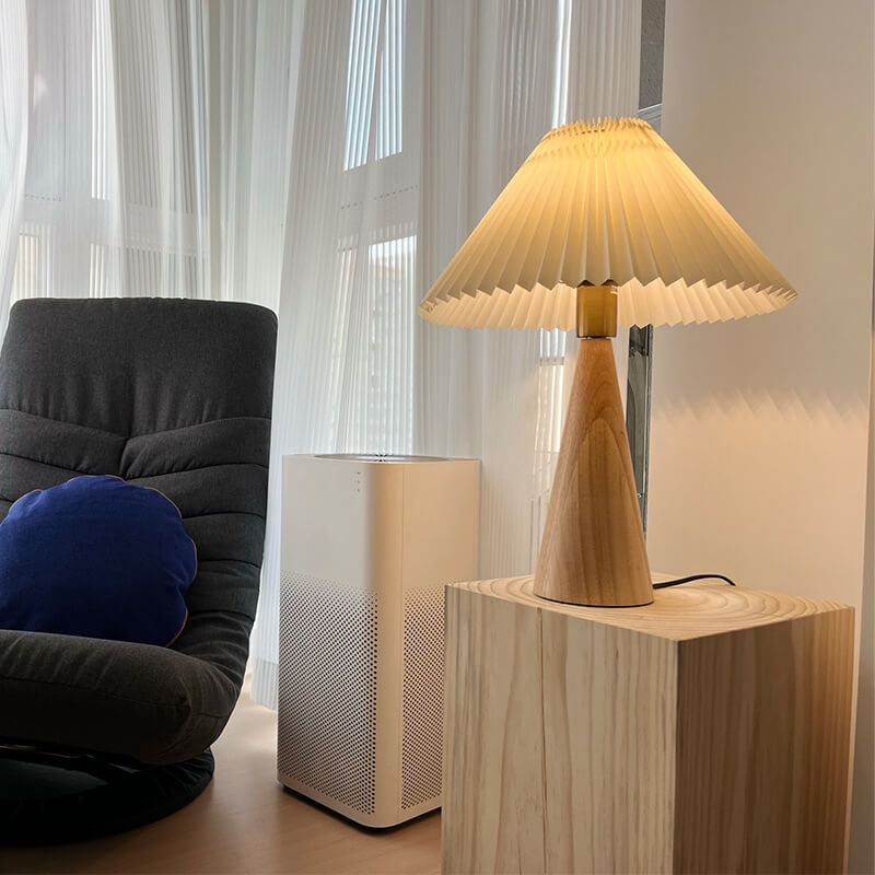 Japanese Minimalist Vintage Table Lamp Pleated Fabric and Wooden LED Light