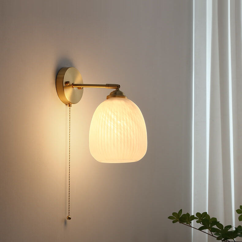 Nordic Style Milk White Striped Glass Brass 1-Light Pull Cord Wall Lamp