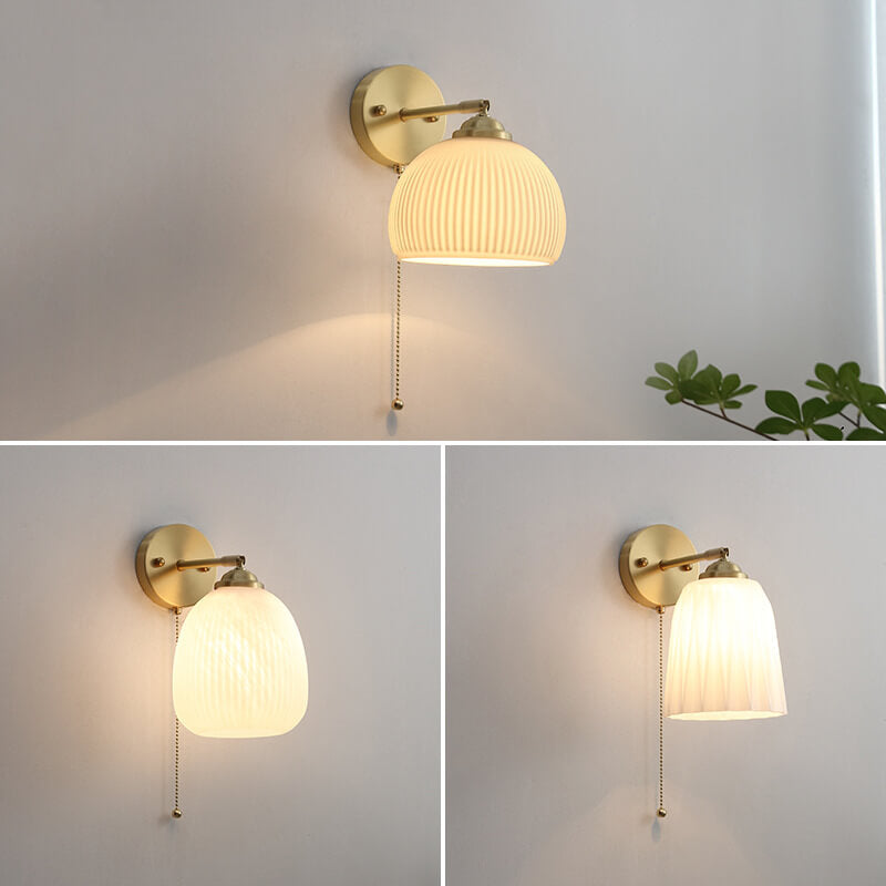 Nordic Style Milk White Striped Glass Brass 1-Light Pull Cord Wall Lamp-Orizon Depot
