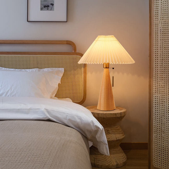 Japanese Minimalist Vintage Table Lamp Pleated Fabric and Wooden LED Light