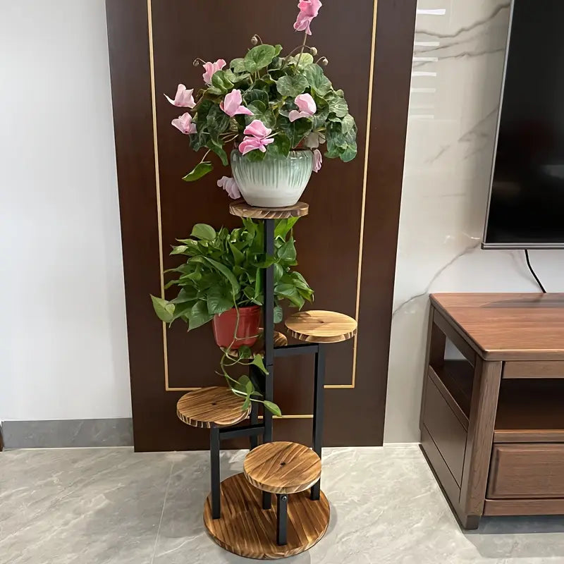 6-Tier Round Wooden Plant Stand for Indoor and Outdoor Use