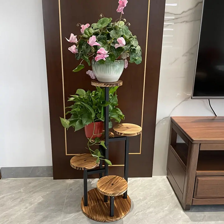 6-Tier Round Wooden Plant Stand for Indoor and Outdoor Use