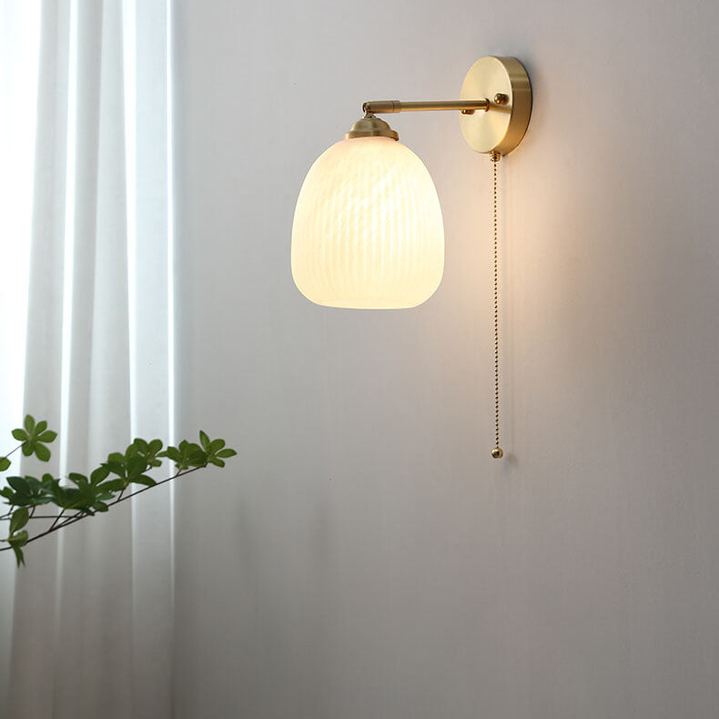 Nordic Style Milk White Striped Glass Brass 1-Light Pull Cord Wall Lamp