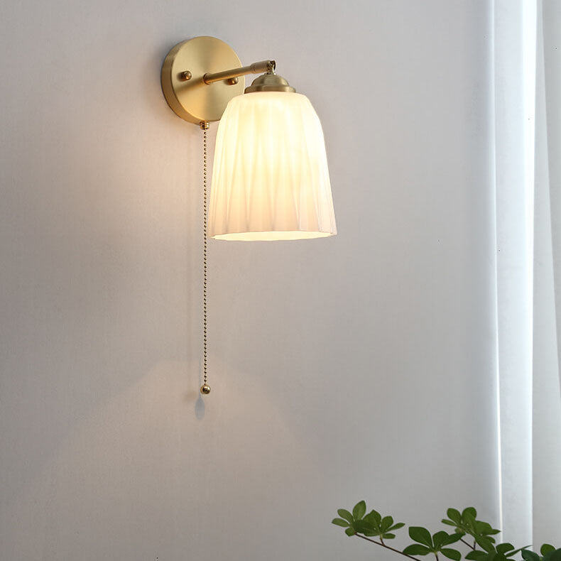 Nordic Style Milk White Striped Glass Brass 1-Light Pull Cord Wall Lamp