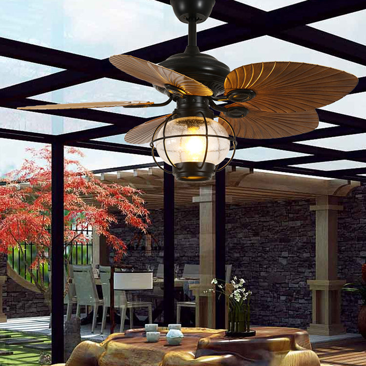 Traditional Rustic Lantern Banana Shaped Fan Leaf Iron Glass 1-Light Downrod Ceiling Fan Light