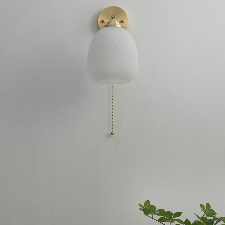 Nordic Style Milk White Striped Glass Brass 1-Light Pull Cord Wall Lamp