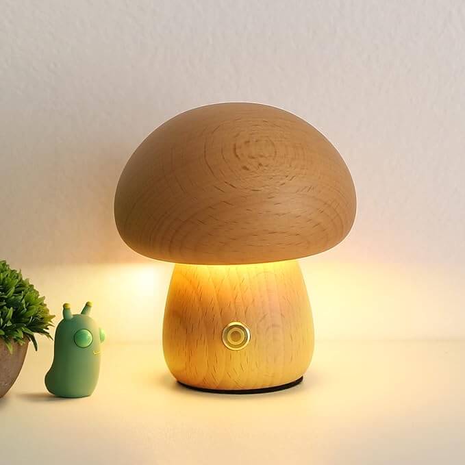 Natural Wood Rechargeable Night Light | Portobello Mushroom Design