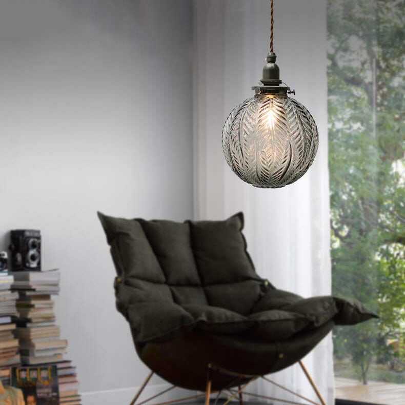 Retro Lotus Texture Glass 1-Light Globe Hanging Lamp-Orizon Depot