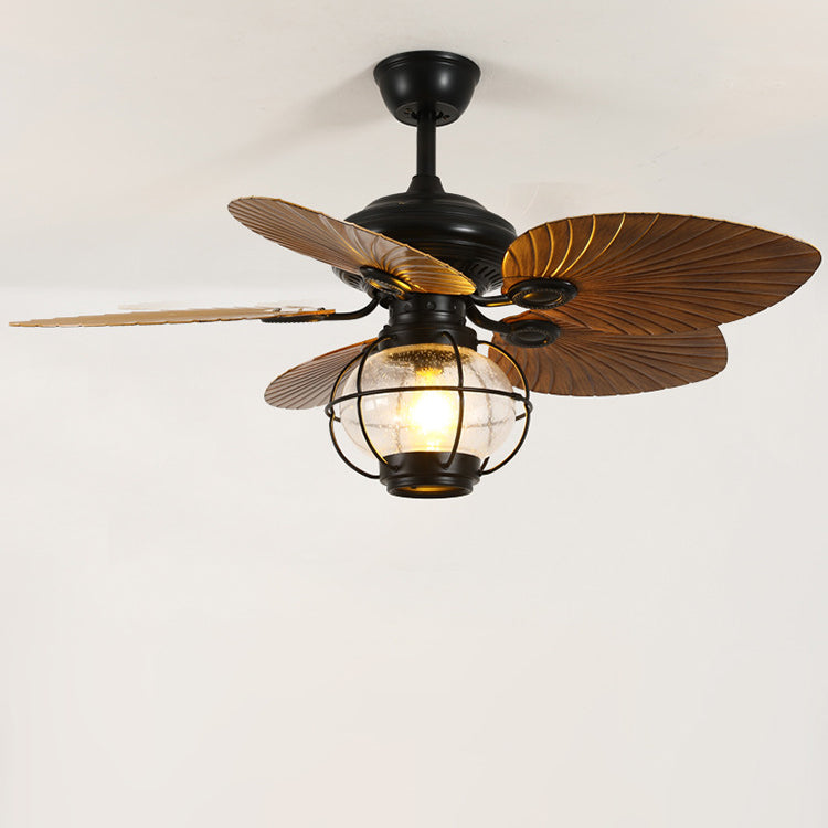 Traditional Rustic Lantern Banana Shaped Fan Leaf Iron Glass 1-Light Downrod Ceiling Fan Light