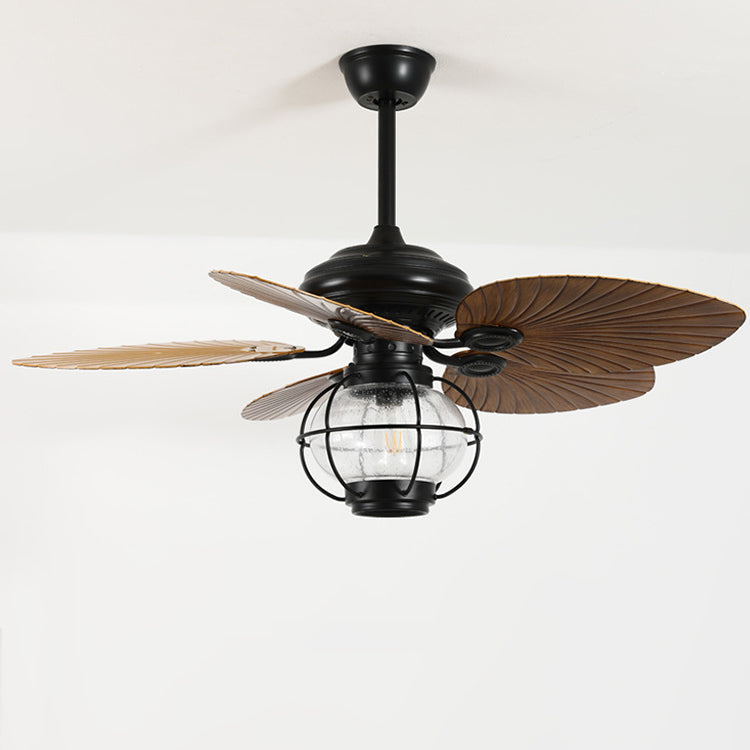 Traditional Rustic Lantern Banana Shaped Fan Leaf Iron Glass 1-Light Downrod Ceiling Fan Light