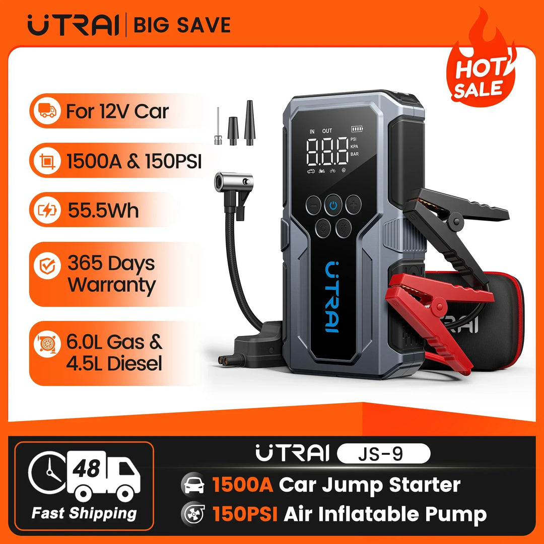 1500A 12V Car Jump Starter with Air Compressor and Inflator-Orizon Depot