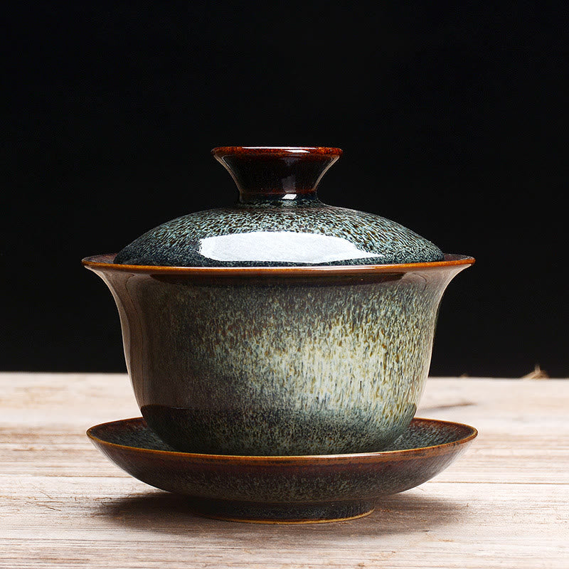 Vintage Kiln Ceramic Gaiwan Sancai Tea Cup and Saucer Set with Lid-Orizon Depot
