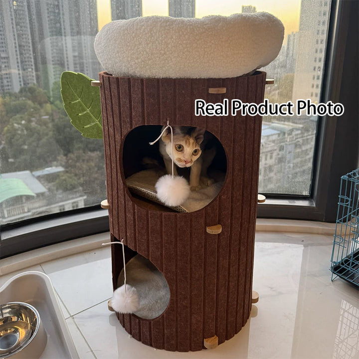 Rustic Cylindrical Tree Hole Cat Tower with Felt Sherpa Fleece-Orizon Depot