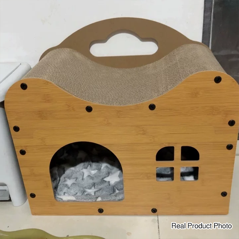 Rustic Wavy Rectangle House-Shape MDF Cat Bed with Storage Cabinet-Orizon Depot