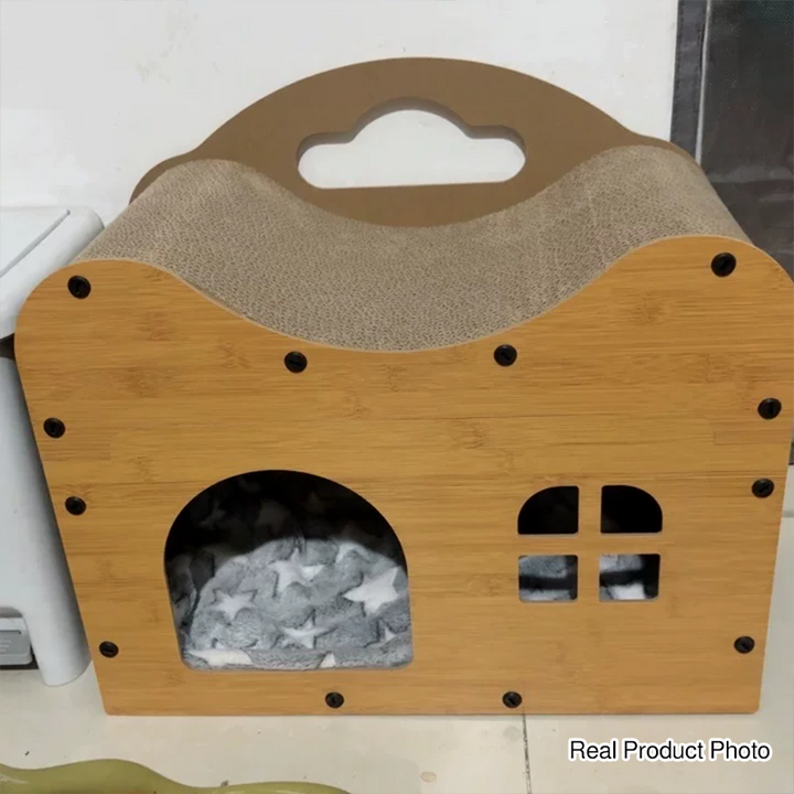 Rustic Wavy Rectangle House-Shape MDF Cat Bed with Storage Cabinet-Orizon Depot