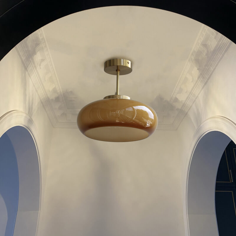 Vintage Brass Yellow Glass 1-Light Semi-Flush Mount Ceiling Lamp