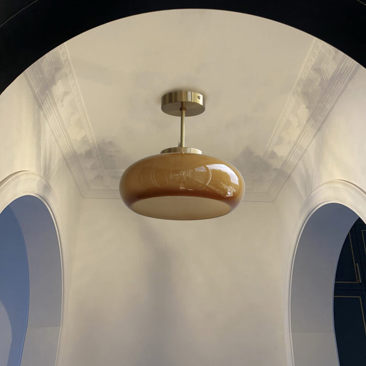 Vintage Brass Yellow Glass 1-Light Semi-Flush Mount Ceiling Lamp-Orizon Depot