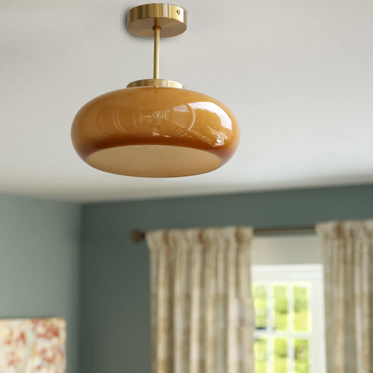 Vintage Brass Yellow Glass 1-Light Semi-Flush Mount Ceiling Lamp