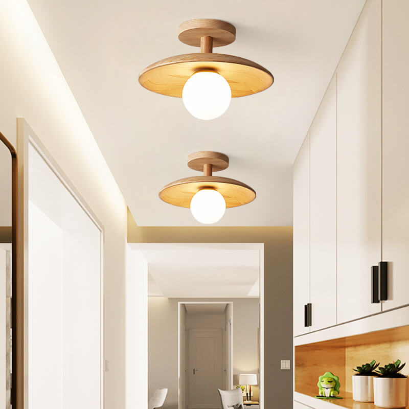 Nordic Creative Wooden Dome 1-Light Semi-Flush Mount Ceiling Lamp