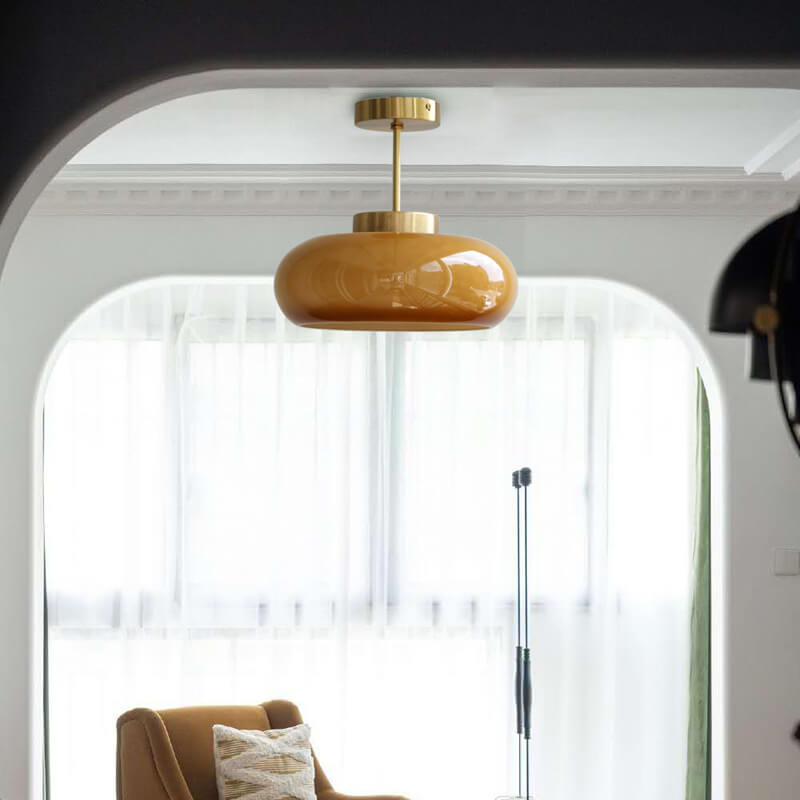 Vintage Brass Yellow Glass 1-Light Semi-Flush Mount Ceiling Lamp
