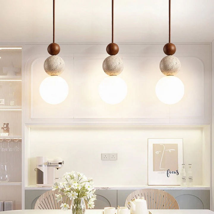 Pendant Light Fixture | Travertine, Wood & Glass Hanging Lamp