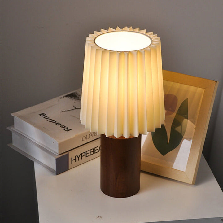 Vintage Korean Pleated Table Lamp Solid Wood Base 1-Light Column Lamp-Orizon Depot