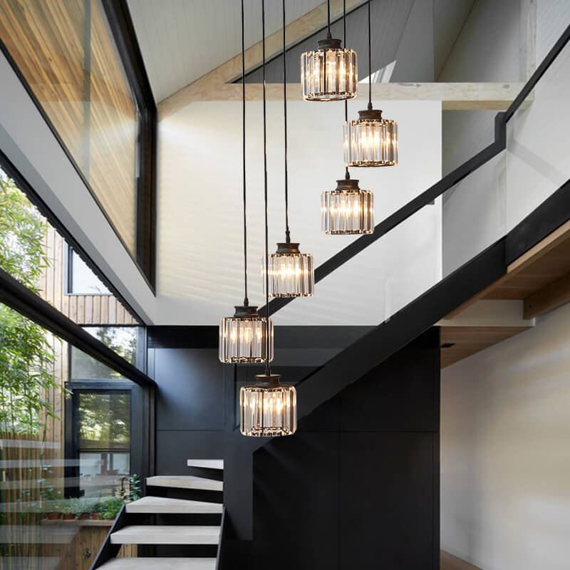 Modern Prismatic Crystal Tubular 6-Light Stairway Chandeliers-Orizon Depot
