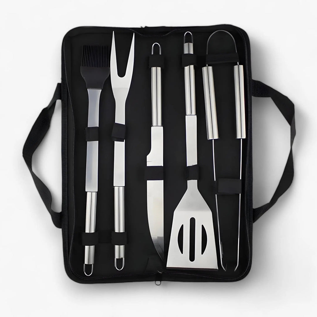 Stainless Steel BBQ Cutlery Set with Travel Case and Heatproof Grip