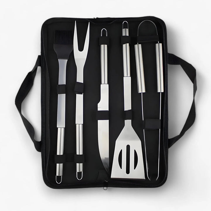 Stainless Steel BBQ Cutlery Set with Travel Case and Heatproof Grip