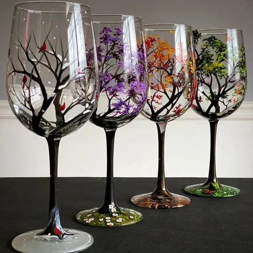 Hand Painted Four Seasons Tree Wine Glasses | Unique Art Design-Orizon Depot