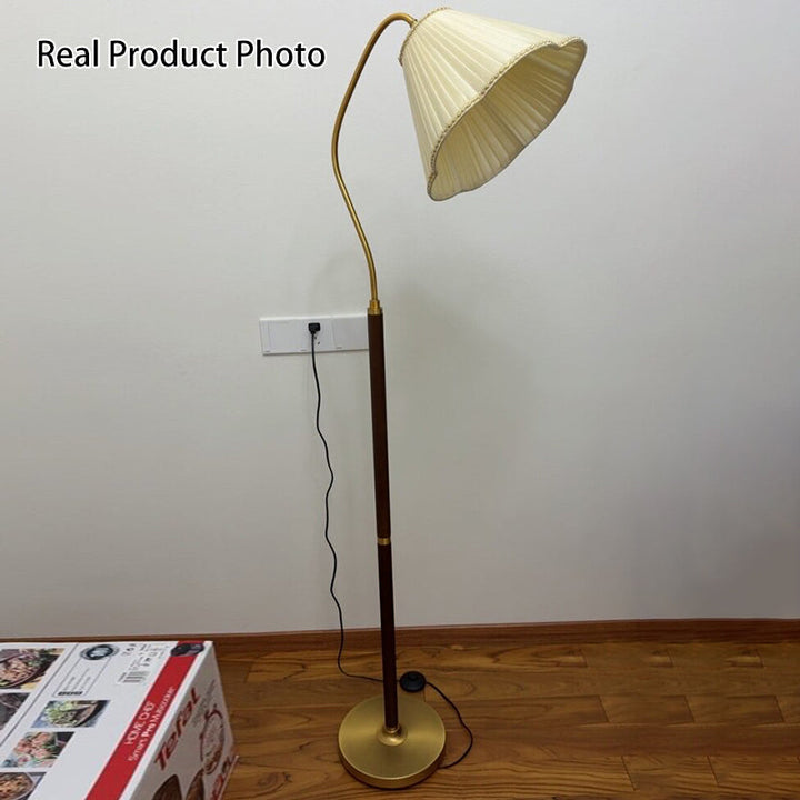 Japanese Vintage Flower Solid Wood Iron Fabric 1-Light Pedestal Floor Lamp-Orizon Depot