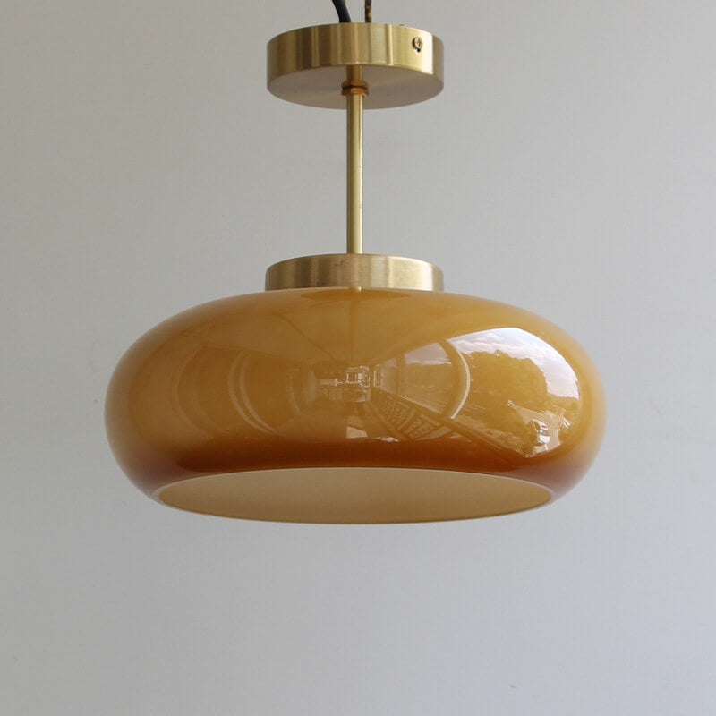 Vintage Brass Yellow Glass 1-Light Semi-Flush Mount Ceiling Lamp