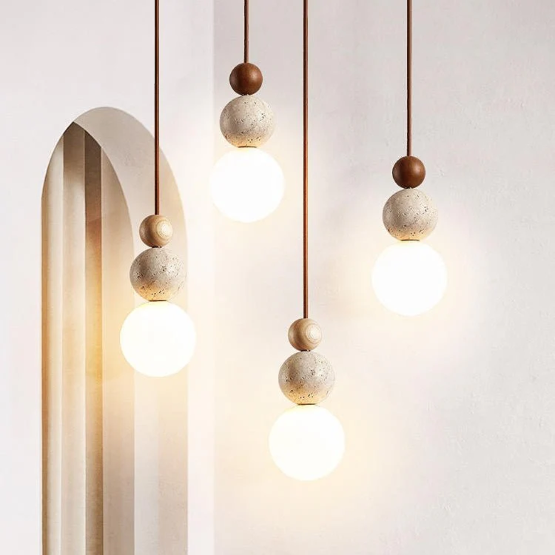 Pendant Light Fixture | Travertine, Wood & Glass Hanging Lamp