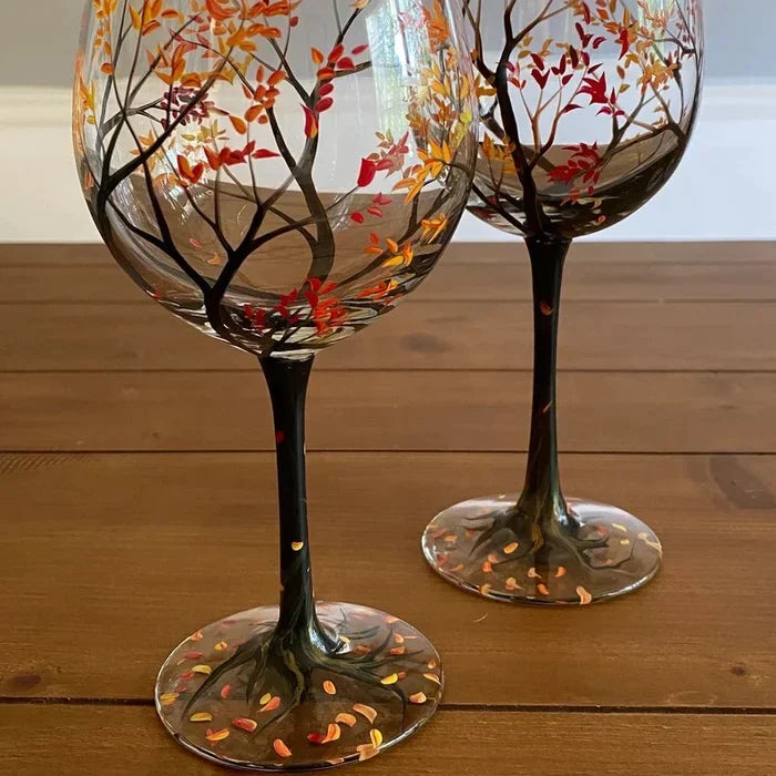 Hand Painted Four Seasons Tree Wine Glasses | Unique Art Design-Orizon Depot