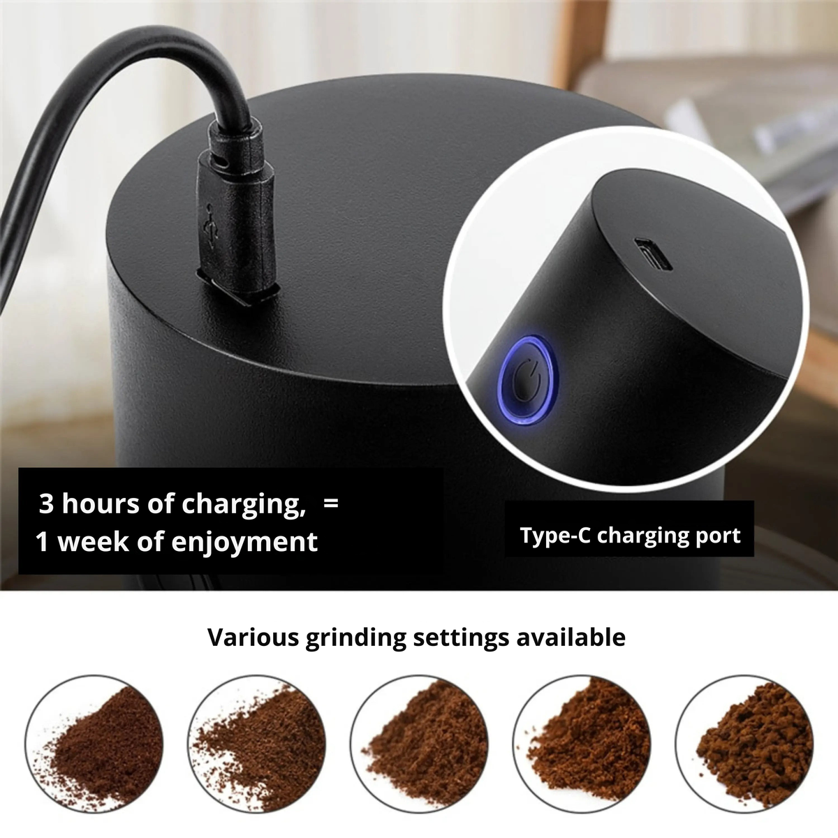Electric Coffee Grinder | Adjustable Grind Settings | USB Rechargeable