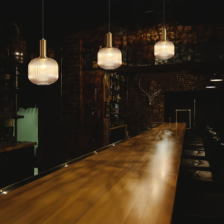 Contemporary Striped Pendant Light | Brass & Ribbed Glass Design