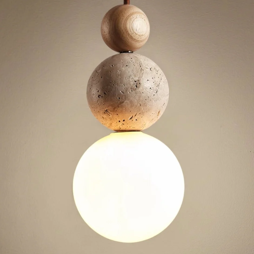Pendant Light Fixture | Travertine, Wood & Glass Hanging Lamp
