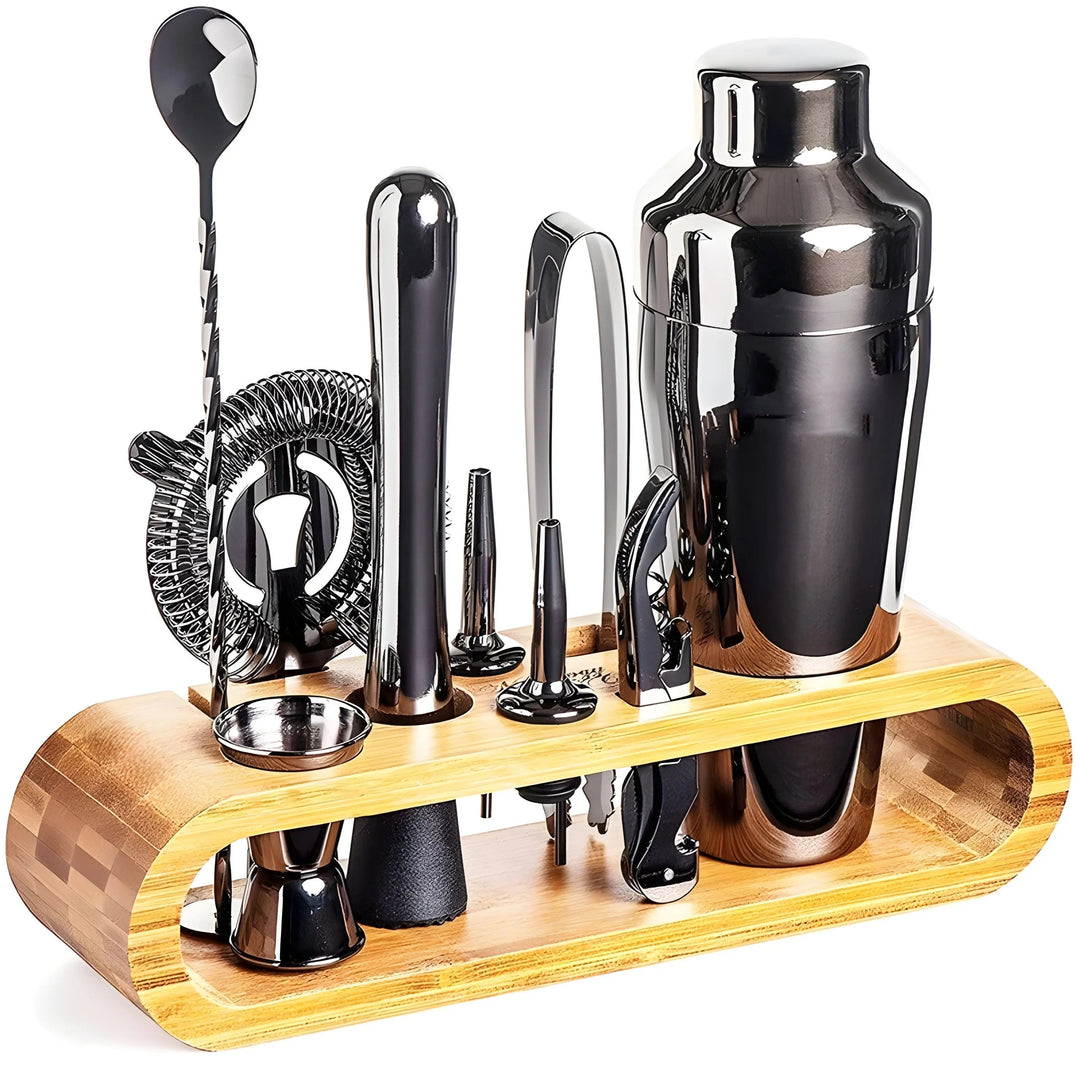 10-Piece Drinkware Set with Bamboo Stand and Bar Accessories