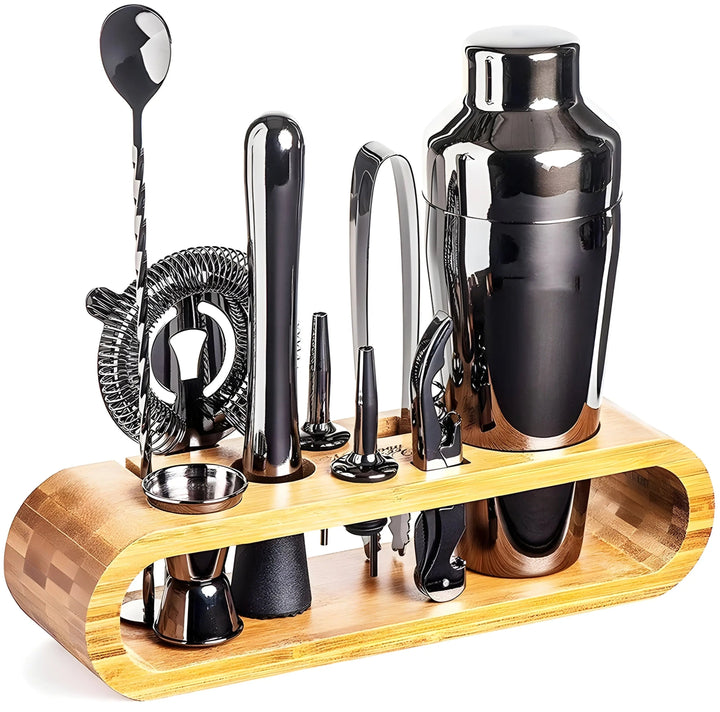 10-Piece Drinkware Set with Bamboo Stand and Bar Accessories