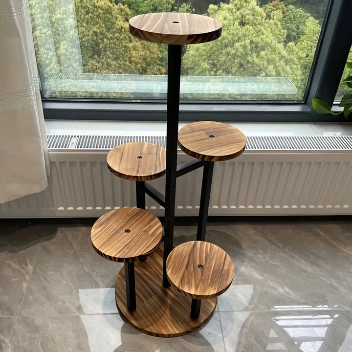 6-Tier Round Wooden Plant Stand for Indoor and Outdoor Use