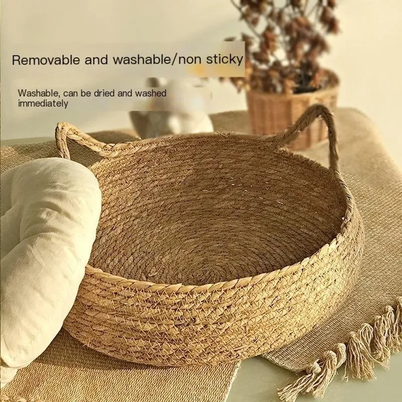 Handmade Woven Cat Bed with Removable Seasonal Cushion