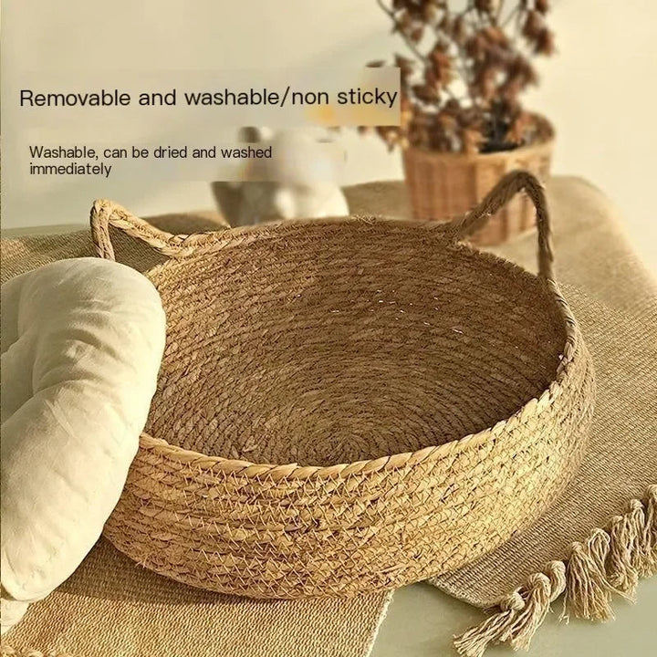 Handmade Woven Cat Bed with Removable Seasonal Cushion