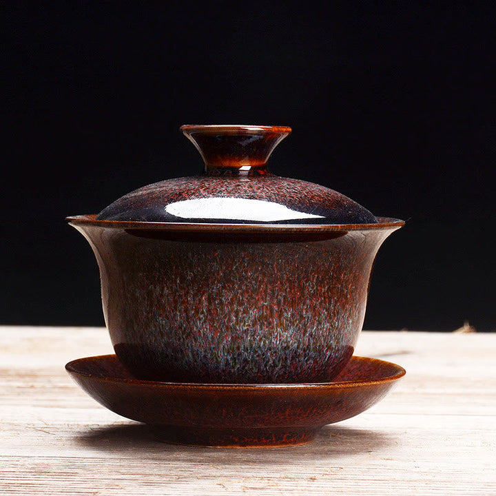 Vintage Kiln Ceramic Gaiwan Sancai Tea Cup and Saucer Set with Lid-Orizon Depot